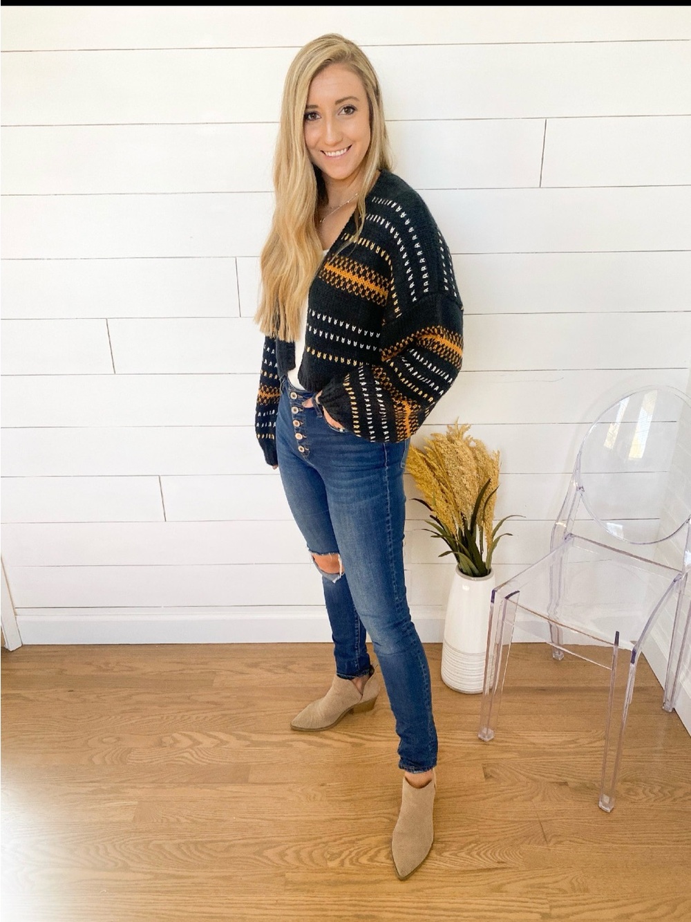 Cozy Striped Open-Front Cardigan Sweater - Black & Mustard